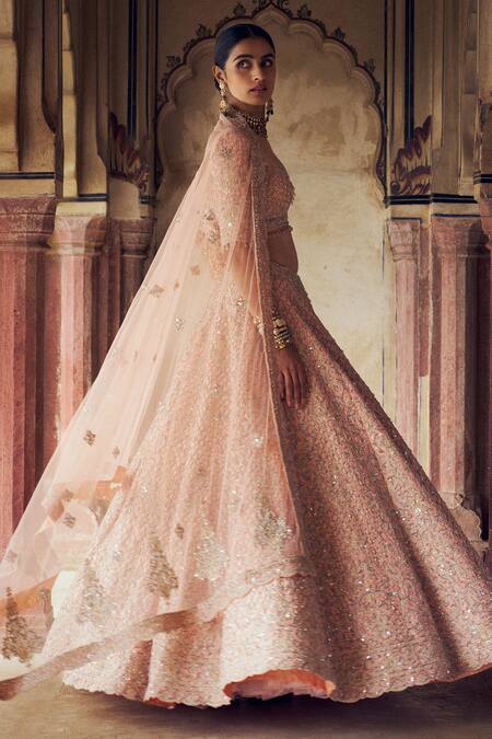 Shop Nitika Gujral Peach Taffeta, Net Jaali Dabka Combination Embroidered Bridal Lehenga Set Online at Aza Fashions Shop_Nitika Gujral_Peach Taffeta, Net Jaali Dabka Combination Embroidered Bridal Lehenga Set _Online_at_Aza_Fashions
