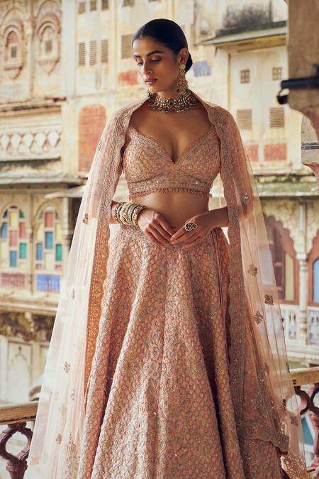 Buy Nitika Gujral Peach Taffeta, Net Jaali Dabka Combination Embroidered Bridal Lehenga Set Buy_Nitika Gujral_Peach Taffeta, Net Jaali Dabka Combination Embroidered Bridal Lehenga Set