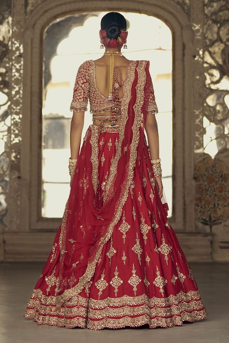 Shop Nitika Gujral Red Silk, Net Beads, Sequins Floral Blossom Kasab Embroidered Bridal Lehenga Set at Aza Fashions Shop_Nitika Gujral_Red Silk, Net Beads, Sequins Floral Blossom Kasab Embroidered Bridal Lehenga Set _at_Aza_Fashions