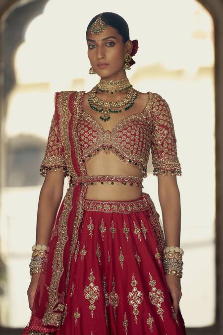 Nitika Gujral Red Silk, Net Beads, Sequins Floral Blossom Kasab Embroidered Bridal Lehenga Set Online at Aza Fashions Nitika Gujral_Red Silk, Net Beads, Sequins Floral Blossom Kasab Embroidered Bridal Lehenga Set _Online_at_Aza_Fashions