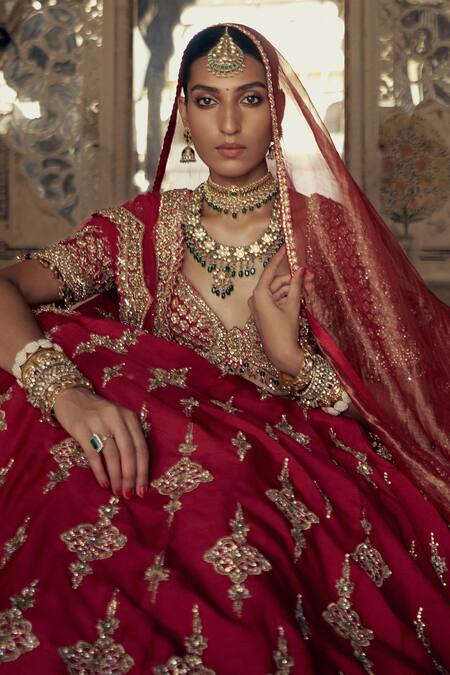 Buy Nitika Gujral Red Silk, Net Beads, Sequins Floral Blossom Kasab Embroidered Bridal Lehenga Set Online at Aza Fashions Buy_Nitika Gujral_Red Silk, Net Beads, Sequins Floral Blossom Kasab Embroidered Bridal Lehenga Set _Online_at_Aza_Fashions
