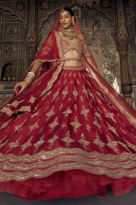 Nitika Gujral Red Silk, Net Beads, Sequins Floral Blossom Kasab Embroidered Bridal Lehenga Set at Aza Fashions Nitika Gujral_Red Silk, Net Beads, Sequins Floral Blossom Kasab Embroidered Bridal Lehenga Set _at_Aza_Fashions