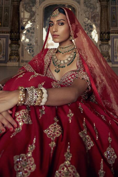 Shop Nitika Gujral Red Silk, Net Beads, Sequins Blossom Kasab Dabka Embroidered Bridal Lehenga Set Online at Aza Fashions Shop_Nitika Gujral_Red Silk, Net Beads, Sequins Blossom Kasab Dabka Embroidered Bridal Lehenga Set _Online_at_Aza_Fashions