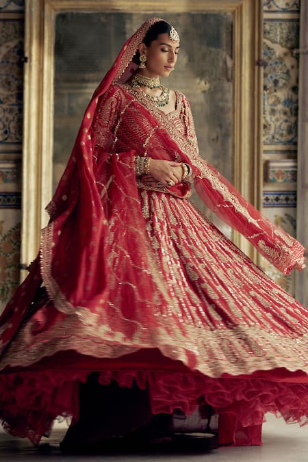 Shop Nitika Gujral Red Silk, Net Beads, Sequins Paisley Vine Dabka Embroidered Bridal Lehenga Set Online at Aza Fashions Shop_Nitika Gujral_Red Silk, Net Beads, Sequins Paisley Vine Dabka Embroidered Bridal Lehenga Set _Online_at_Aza_Fashions