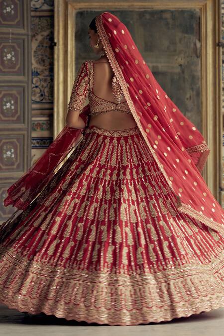 Nitika Gujral Red Silk, Net Beads, Sequins Paisley Vine Dabka Embroidered Bridal Lehenga Set at Aza Fashions Nitika Gujral_Red Silk, Net Beads, Sequins Paisley Vine Dabka Embroidered Bridal Lehenga Set _at_Aza_Fashions