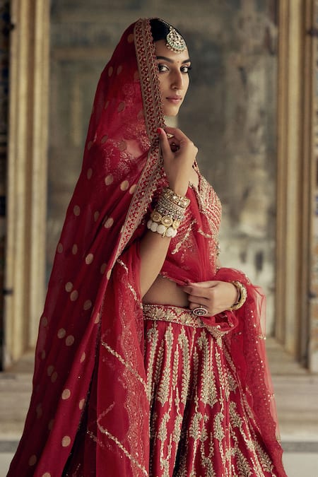 Buy Nitika Gujral Red Silk, Net Beads, Sequins Paisley Vine Dabka Embroidered Bridal Lehenga Set Buy_Nitika Gujral_Red Silk, Net Beads, Sequins Paisley Vine Dabka Embroidered Bridal Lehenga Set