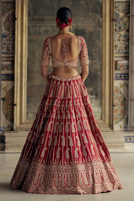 Shop Nitika Gujral Red Silk, Net Beads, Sequins Paisley Vine Kasab Embroidered Bridal Lehenga Set at Aza Fashions Shop_Nitika Gujral_Red Silk, Net Beads, Sequins Paisley Vine Kasab Embroidered Bridal Lehenga Set _at_Aza_Fashions