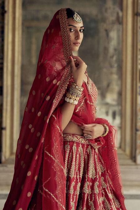 Buy Nitika Gujral Red Silk, Net Beads, Sequins Paisley Vine Kasab Embroidered Bridal Lehenga Set Buy_Nitika Gujral_Red Silk, Net Beads, Sequins Paisley Vine Kasab Embroidered Bridal Lehenga Set