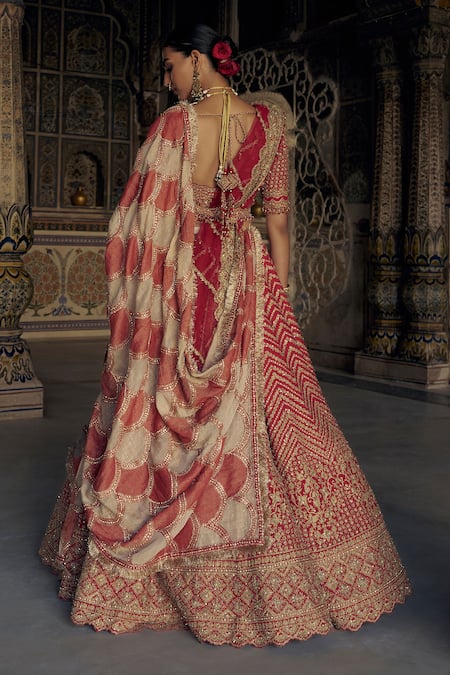 Shop Nitika Gujral Red Silk, Organza Sequins, Chevron Vine Dabka Embroidered Bridal Lehenga Set at Aza Fashions Shop_Nitika Gujral_Red Silk, Organza Sequins, Chevron Vine Dabka Embroidered Bridal Lehenga Set _at_Aza_Fashions