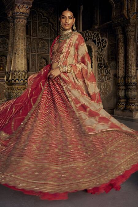 Nitika Gujral Red Silk, Organza Sequins, Chevron Vine Dabka Embroidered Bridal Lehenga Set Online at Aza Fashions Nitika Gujral_Red Silk, Organza Sequins, Chevron Vine Dabka Embroidered Bridal Lehenga Set _Online_at_Aza_Fashions