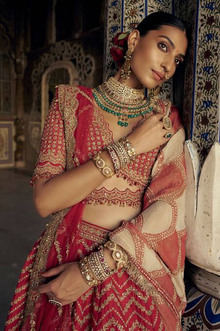 Shop Nitika Gujral Red Silk, Organza Sequins, Chevron Vine Dabka Embroidered Bridal Lehenga Set Online at Aza Fashions Shop_Nitika Gujral_Red Silk, Organza Sequins, Chevron Vine Dabka Embroidered Bridal Lehenga Set _Online_at_Aza_Fashions