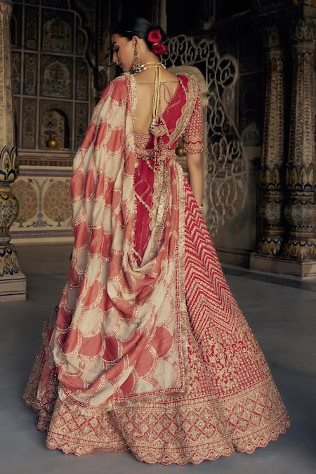 Shop Nitika Gujral Red Silk, Organza, Net Beads, Chevron Vine Dori Embroidered Bridal Lehenga Set at Aza Fashions Shop_Nitika Gujral_Red Silk, Organza, Net Beads, Chevron Vine Dori Embroidered Bridal Lehenga Set _at_Aza_Fashions
