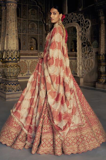 Nitika Gujral Red Silk, Organza, Net Beads, Chevron Vine Dori Embroidered Bridal Lehenga Set Online at Aza Fashions Nitika Gujral_Red Silk, Organza, Net Beads, Chevron Vine Dori Embroidered Bridal Lehenga Set _Online_at_Aza_Fashions