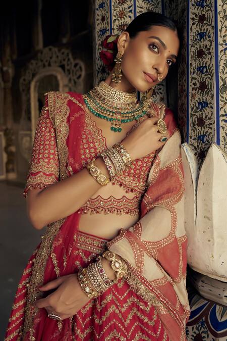 Buy Nitika Gujral Red Silk, Organza, Net Beads, Chevron Vine Dori Embroidered Bridal Lehenga Set Online at Aza Fashions Buy_Nitika Gujral_Red Silk, Organza, Net Beads, Chevron Vine Dori Embroidered Bridal Lehenga Set _Online_at_Aza_Fashions