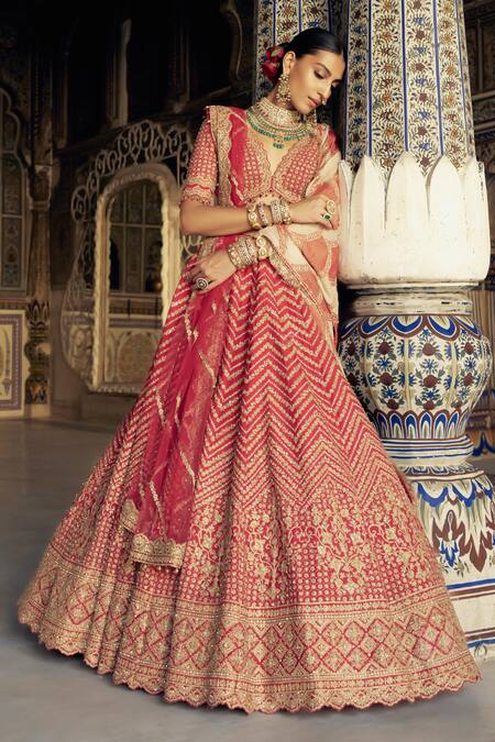 Shop Nitika Gujral Red Silk, Organza, Net Beads, Chevron Vine Dori Embroidered Bridal Lehenga Set Online at Aza Fashions Shop_Nitika Gujral_Red Silk, Organza, Net Beads, Chevron Vine Dori Embroidered Bridal Lehenga Set _Online_at_Aza_Fashions