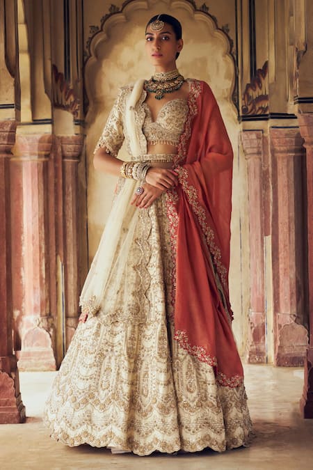 Nitika Gujral Gold Raw Silk Embroidered Dori Scallop 3d Sequin Embellished Bridal Lehenga Set 