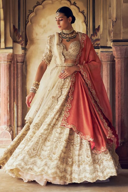 Buy_Nitika Gujral_Gold Silk, Net Sequins, Beads Scallop 3d Embellished Bridal Lehenga Set _Online_at_Aza_Fashions