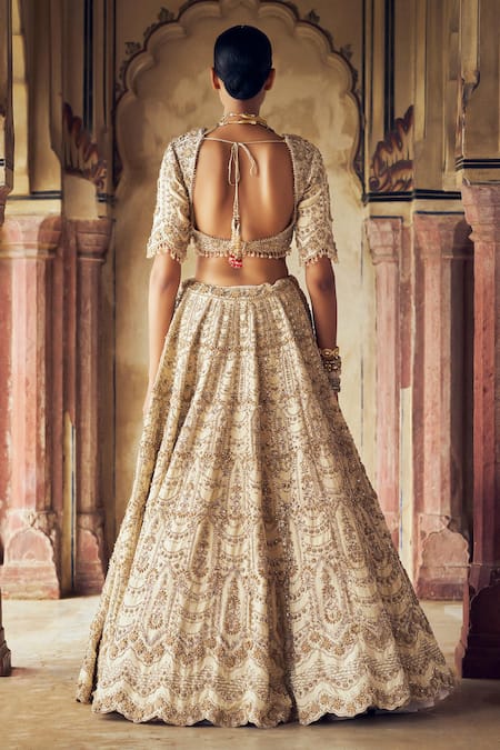 Shop Nitika Gujral Gold Silk, Net Sequins, Crystals, 3d Scallop Embellished Bridal Lehenga Set at Aza Fashions Shop_Nitika Gujral_Gold Silk, Net Sequins, Crystals, 3d Scallop Embellished Bridal Lehenga Set _at_Aza_Fashions
