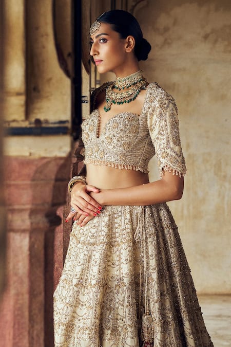 Nitika Gujral Gold Silk, Net Sequins, Crystals, 3d Scallop Embellished Bridal Lehenga Set Online at Aza Fashions Nitika Gujral_Gold Silk, Net Sequins, Crystals, 3d Scallop Embellished Bridal Lehenga Set _Online_at_Aza_Fashions
