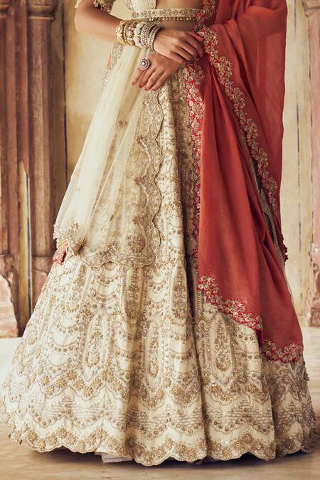Shop Nitika Gujral Gold Silk, Net Sequins, Crystals, 3d Scallop Embellished Bridal Lehenga Set Online at Aza Fashions Shop_Nitika Gujral_Gold Silk, Net Sequins, Crystals, 3d Scallop Embellished Bridal Lehenga Set _Online_at_Aza_Fashions