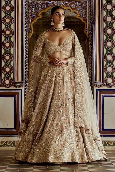 Nitika Gujral Rosette Vine Zari Embroidered Bridal Lehenga Set 