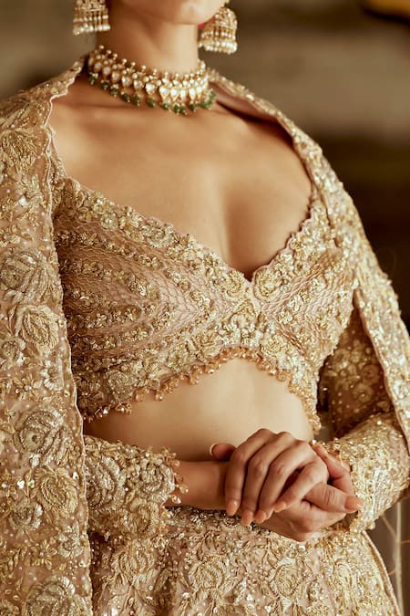 Nitika Gujral Gold Satin, Net Sequins, Rosette Vine Zari Embroidered Bridal Lehenga Set Online at Aza Fashions Nitika Gujral_Gold Satin, Net Sequins, Rosette Vine Zari Embroidered Bridal Lehenga Set _Online_at_Aza_Fashions