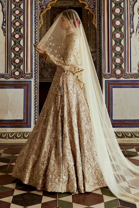 Buy Nitika Gujral Gold Satin, Net Sequins, Rosette Vine Zari Embroidered Bridal Lehenga Set Online at Aza Fashions Buy_Nitika Gujral_Gold Satin, Net Sequins, Rosette Vine Zari Embroidered Bridal Lehenga Set _Online_at_Aza_Fashions