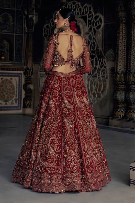 Shop Nitika Gujral Red Silk, Net Beads, Sequins, Paisley Dabka Embroidered Bridal Lehenga Set at Aza Fashions Shop_Nitika Gujral_Red Silk, Net Beads, Sequins, Paisley Dabka Embroidered Bridal Lehenga Set _at_Aza_Fashions