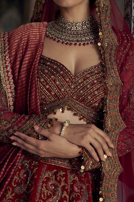 Nitika Gujral Red Silk, Net Beads, Sequins, Paisley Dabka Embroidered Bridal Lehenga Set Online at Aza Fashions Nitika Gujral_Red Silk, Net Beads, Sequins, Paisley Dabka Embroidered Bridal Lehenga Set _Online_at_Aza_Fashions