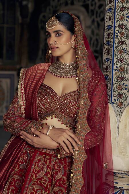 Buy Nitika Gujral Red Silk, Net Beads, Sequins, Paisley Dabka Embroidered Bridal Lehenga Set Online at Aza Fashions Buy_Nitika Gujral_Red Silk, Net Beads, Sequins, Paisley Dabka Embroidered Bridal Lehenga Set _Online_at_Aza_Fashions