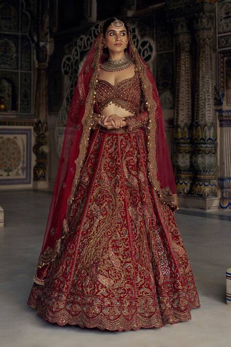 Shop Nitika Gujral Red Silk, Net Beads, Sequins, Paisley Dabka Embroidered Bridal Lehenga Set Online at Aza Fashions Shop_Nitika Gujral_Red Silk, Net Beads, Sequins, Paisley Dabka Embroidered Bridal Lehenga Set _Online_at_Aza_Fashions