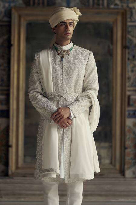 Nitika Gujral Ivory Silk Embroidery, Beads, Diamonds Dori Sherwani And Kurta Set Online at Aza Fashions Nitika Gujral_Ivory Silk Embroidery, Beads, Diamonds Dori Sherwani And Kurta Set_Online_at_Aza_Fashions