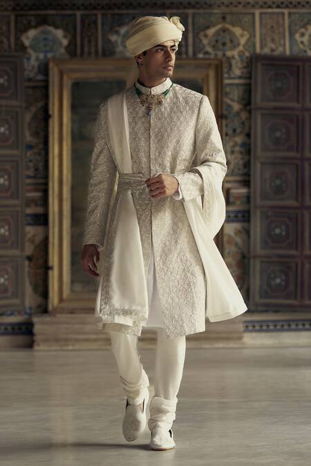 Buy Nitika Gujral Ivory Silk Embroidery, Beads, Diamonds Dori Sherwani And Kurta Set Online at Aza Fashions Buy_Nitika Gujral_Ivory Silk Embroidery, Beads, Diamonds Dori Sherwani And Kurta Set_Online_at_Aza_Fashions