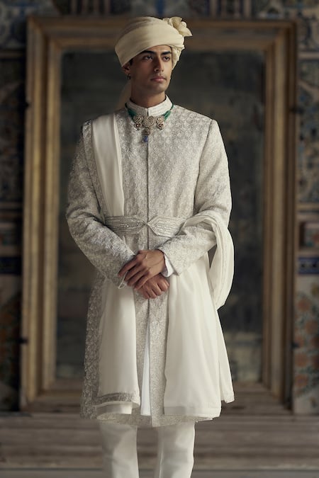 Nitika Gujral Ivory Silk Sequins, Diamonds, Beads Dabka Embroidered Sherwani And Kurta Set Online at Aza Fashions Nitika Gujral_Ivory Silk Sequins, Diamonds, Beads Dabka Embroidered Sherwani And Kurta Set _Online_at_Aza_Fashions