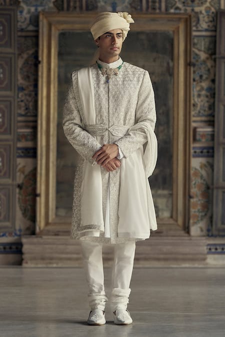 Buy Nitika Gujral Ivory Silk Sequins, Diamonds, Beads Dabka Embroidered Sherwani And Kurta Set Online at Aza Fashions Buy_Nitika Gujral_Ivory Silk Sequins, Diamonds, Beads Dabka Embroidered Sherwani And Kurta Set _Online_at_Aza_Fashions