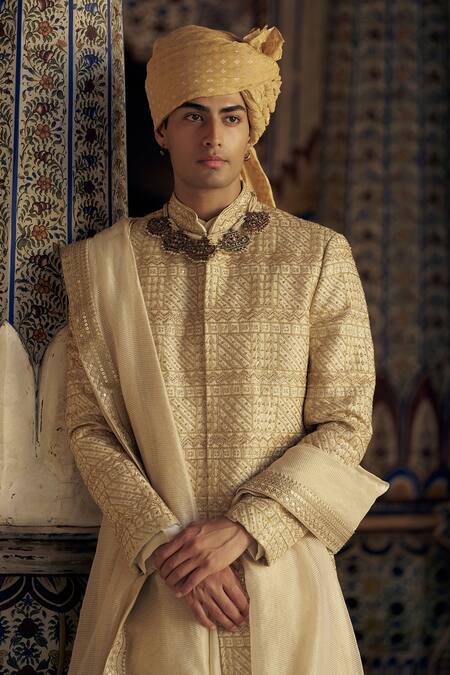 Buy_Nitika Gujral_Gold Silk Crystals, Beads, Geometric Pattern Embroidered Sherwani And Choga Set_Online_at_Aza_Fashions