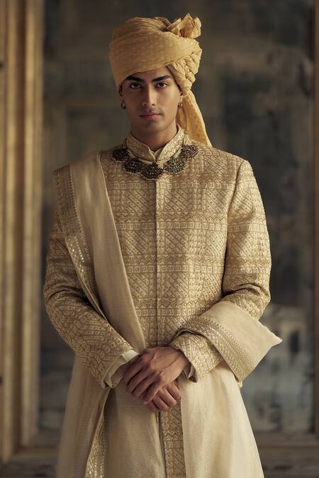 Nitika Gujral Gold Silk Crystals, Beads, Diamonds, Metallic Embroidered Sherwani And Choga Set Online at Aza Fashions Nitika Gujral_Gold Silk Crystals, Beads, Diamonds, Metallic Embroidered Sherwani And Choga Set _Online_at_Aza_Fashions
