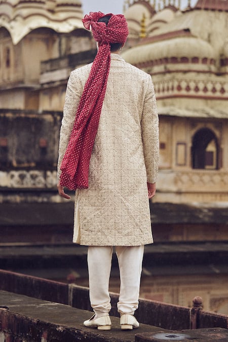 Shop Nitika Gujral Beige Silk Cut Work, Gota Geometric Floral Embroidered Sherwani And Kurta Set at Aza Fashions Shop_Nitika Gujral_Beige Silk Cut Work, Gota Geometric Floral Embroidered Sherwani And Kurta Set _at_Aza_Fashions