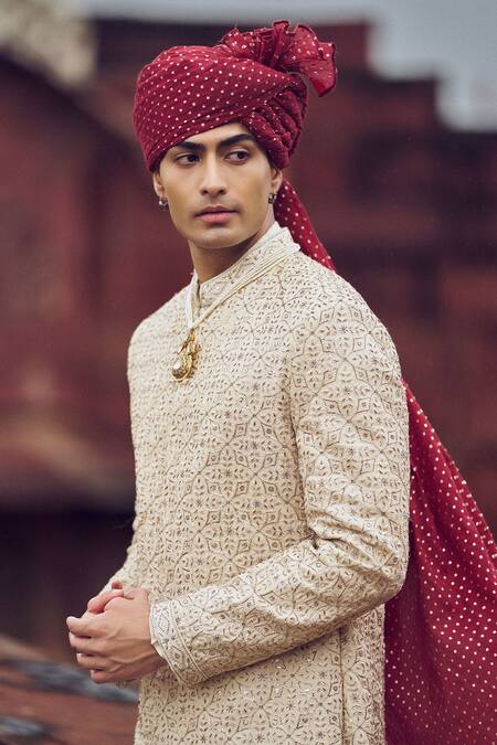 Nitika Gujral Beige Silk Cut Work, Gota Geometric Floral Embroidered Sherwani And Kurta Set Online at Aza Fashions Nitika Gujral_Beige Silk Cut Work, Gota Geometric Floral Embroidered Sherwani And Kurta Set _Online_at_Aza_Fashions
