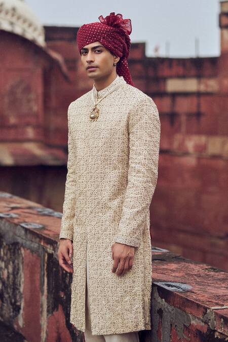 Buy Nitika Gujral Beige Silk Cut Work, Gota Geometric Floral Embroidered Sherwani And Kurta Set Online at Aza Fashions Buy_Nitika Gujral_Beige Silk Cut Work, Gota Geometric Floral Embroidered Sherwani And Kurta Set _Online_at_Aza_Fashions