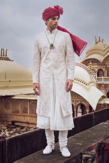 Nitika Gujral Ivory Silk Sequins, Beads, Embroidery Geometric Pattern Sherwani And Choga Set Online at Aza Fashions Nitika Gujral_Ivory Silk Sequins, Beads, Embroidery Geometric Pattern Sherwani And Choga Set _Online_at_Aza_Fashions
