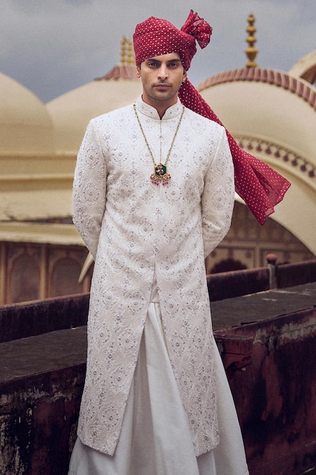 Shop Nitika Gujral Ivory Silk Sequins, Beads, Embroidery Geometric Pattern Sherwani And Choga Set Online at Aza Fashions Shop_Nitika Gujral_Ivory Silk Sequins, Beads, Embroidery Geometric Pattern Sherwani And Choga Set _Online_at_Aza_Fashions
