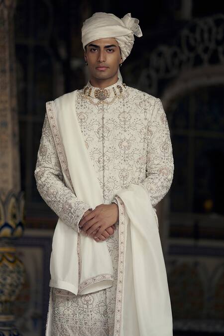 Nitika Gujral Ivory Silk Embroidery Flowery Sherwani And Choga Set Online at Aza Fashions Nitika Gujral_Ivory Silk Embroidery Flowery Sherwani And Choga Set _Online_at_Aza_Fashions