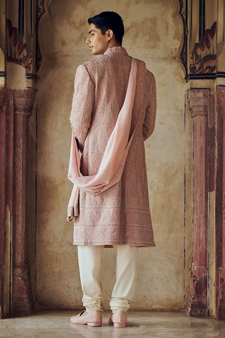 Shop Nitika Gujral Pink Silk, Cotton Beads, Abstract Pattern Embroidered Sherwani And Kurta Set at Aza Fashions Shop_Nitika Gujral_Pink Silk, Cotton Beads, Abstract Pattern Embroidered Sherwani And Kurta Set_at_Aza_Fashions