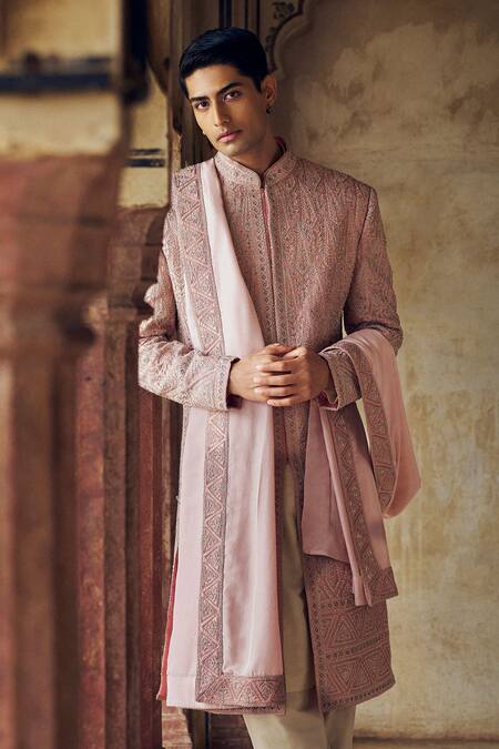 Nitika Gujral Pink Silk, Cotton Beads, Abstract Pattern Embroidered Sherwani And Kurta Set Online at Aza Fashions Nitika Gujral_Pink Silk, Cotton Beads, Abstract Pattern Embroidered Sherwani And Kurta Set_Online_at_Aza_Fashions