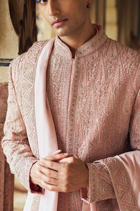 Buy Nitika Gujral Pink Silk, Cotton Beads, Abstract Pattern Embroidered Sherwani And Kurta Set Online at Aza Fashions Buy_Nitika Gujral_Pink Silk, Cotton Beads, Abstract Pattern Embroidered Sherwani And Kurta Set_Online_at_Aza_Fashions