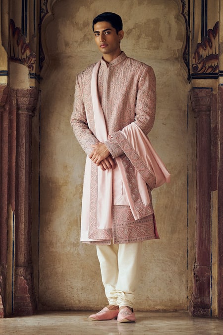 Nitika Gujral Pink Raw Silk Embroidered Dori Sherwani Kurta Set 