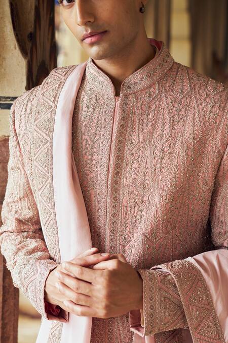 Nitika Gujral Pink Silk, Cotton Diamonds Embroidered Sherwani Kurta Set Online at Aza Fashions Nitika Gujral_Pink Silk, Cotton Diamonds Embroidered Sherwani Kurta Set _Online_at_Aza_Fashions