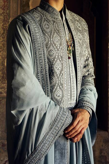 Nitika Gujral_Grey Raw Silk Embroidered Resham Zari Sherwani Choga Set _Online_at_Aza_Fashions