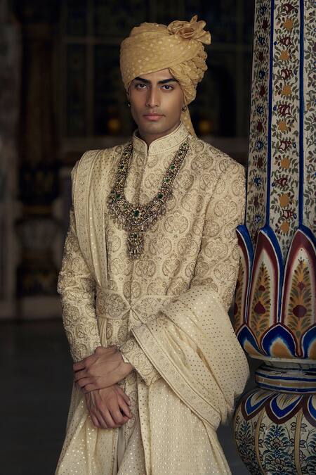 Buy Nitika Gujral Gold Silk Embroidery, Beads, Diamonds Sherwani Set With Belt Online at Aza Fashions Buy_Nitika Gujral_Gold Silk Embroidery, Beads, Diamonds Sherwani Set With Belt_Online_at_Aza_Fashions